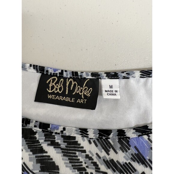 Bob Mackie Wearable Art Blouse M Blue Black Abstract Animal Print Sheer Tie Boho - Picture 6 of 13